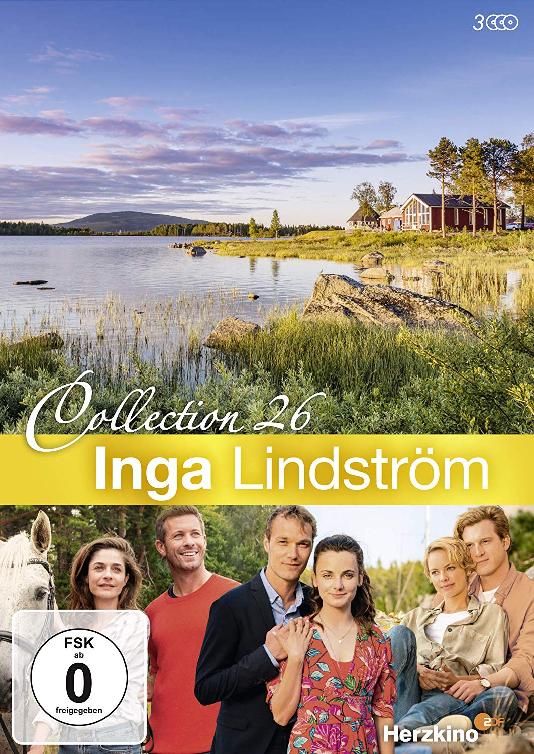 Inga Lindström DVD-Cover. Menschen vor einem See. Der Titel lautet "Collection 26 Inga Lindström". Es gibt ein weißes Pferd.