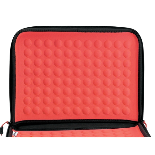 Funda para portátil, exterior negro, interior rojo con textura de burbujas. Cremallera.