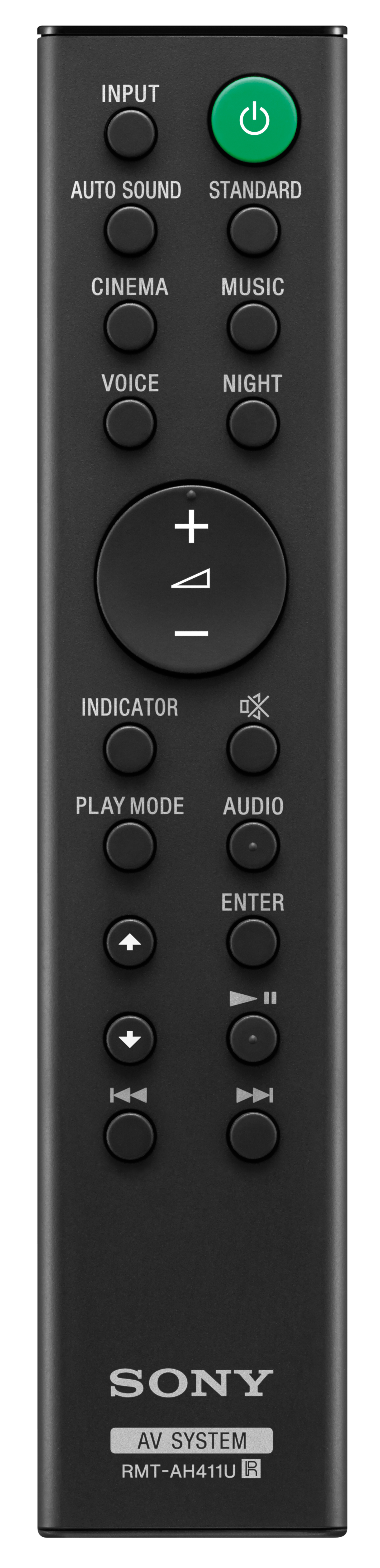 Telecomando nero con vari pulsanti tra cui accensione, ingresso, volume e tasti di navigazione.