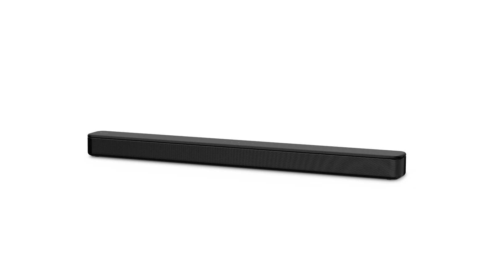 Soundbar nera su sfondo bianco, di forma rettangolare.