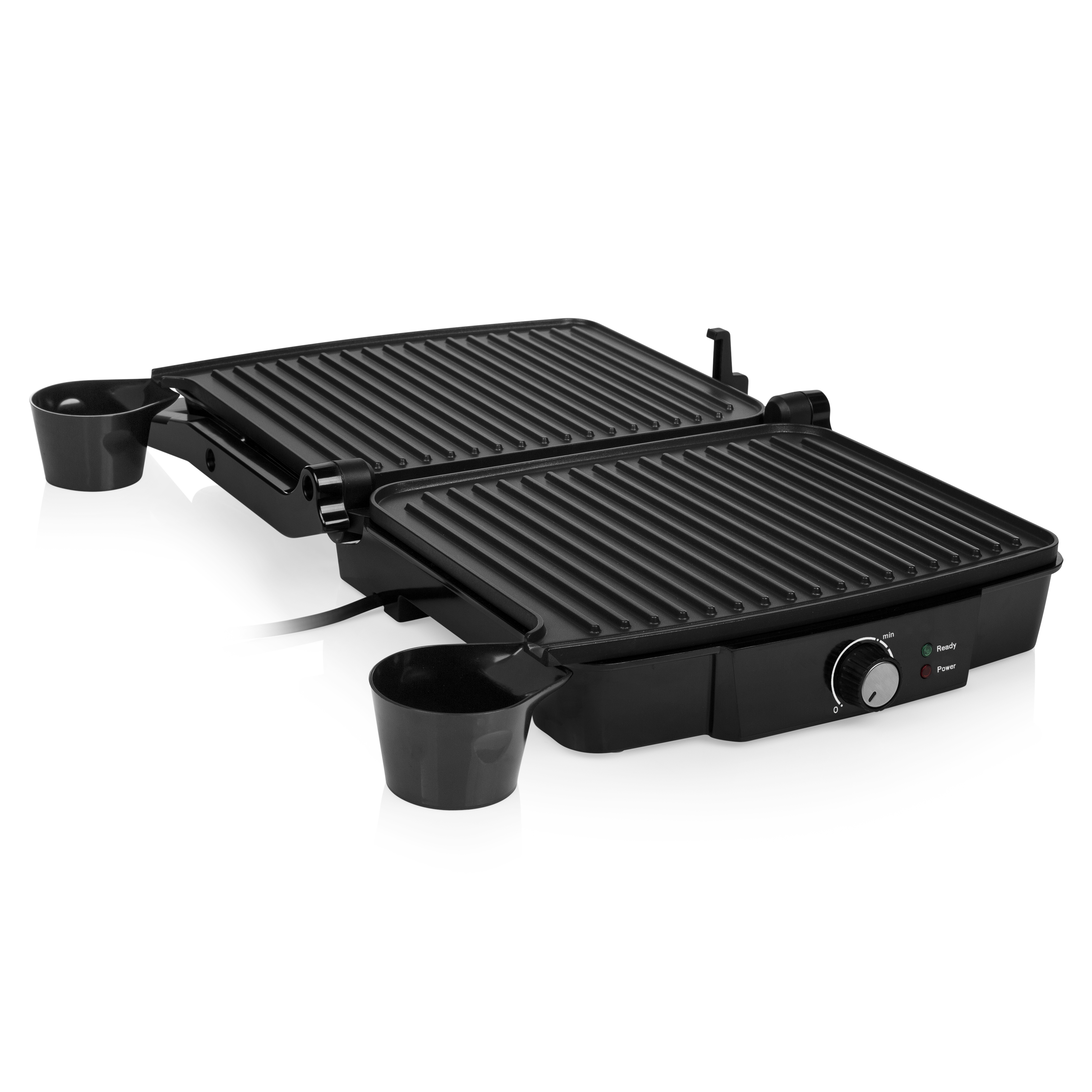Presse à panini noire ouverte, montrant les plaques de cuisson et le bouton de commande.