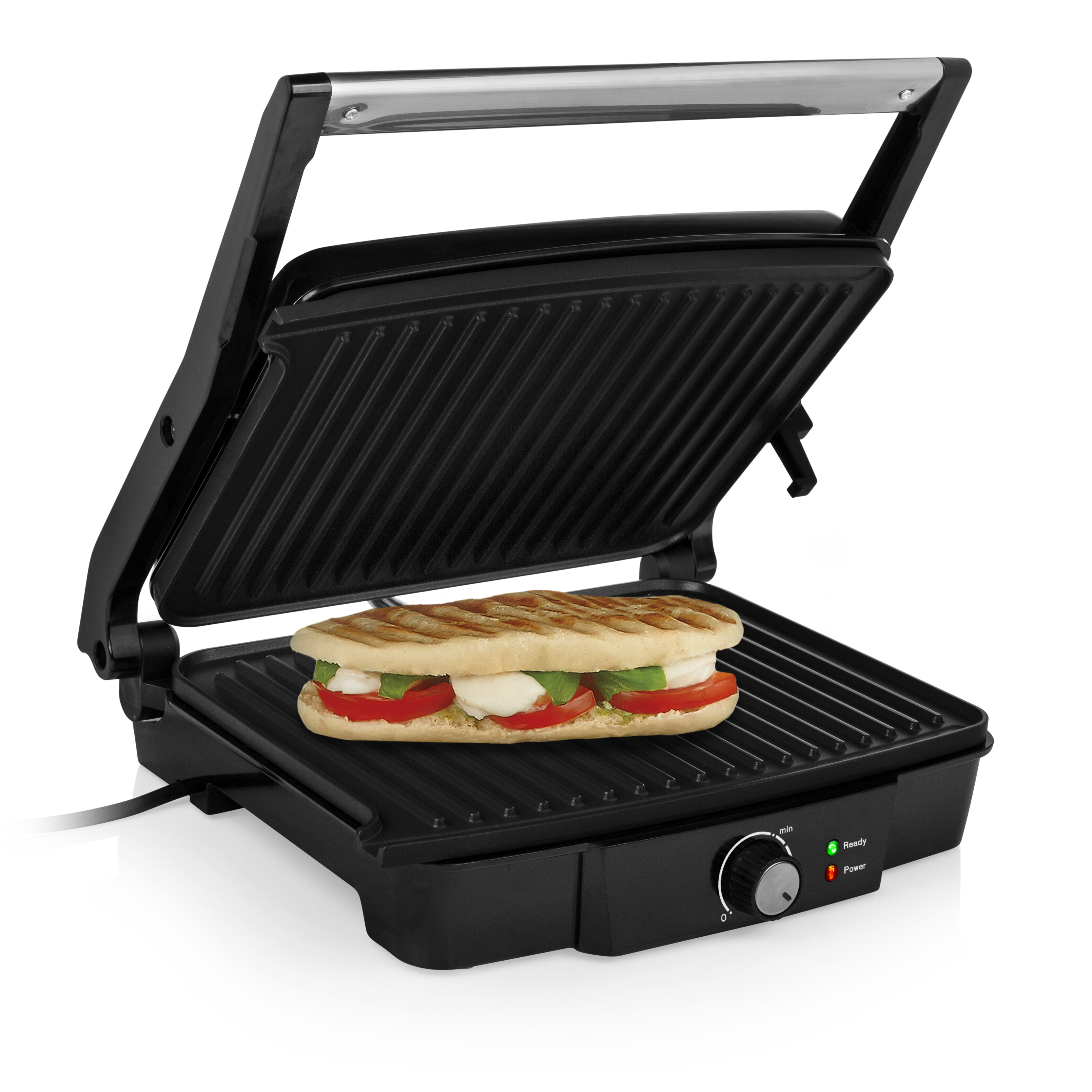 Sandwich dans une presse à panini, la presse est noire, le panneau de commande est visible.