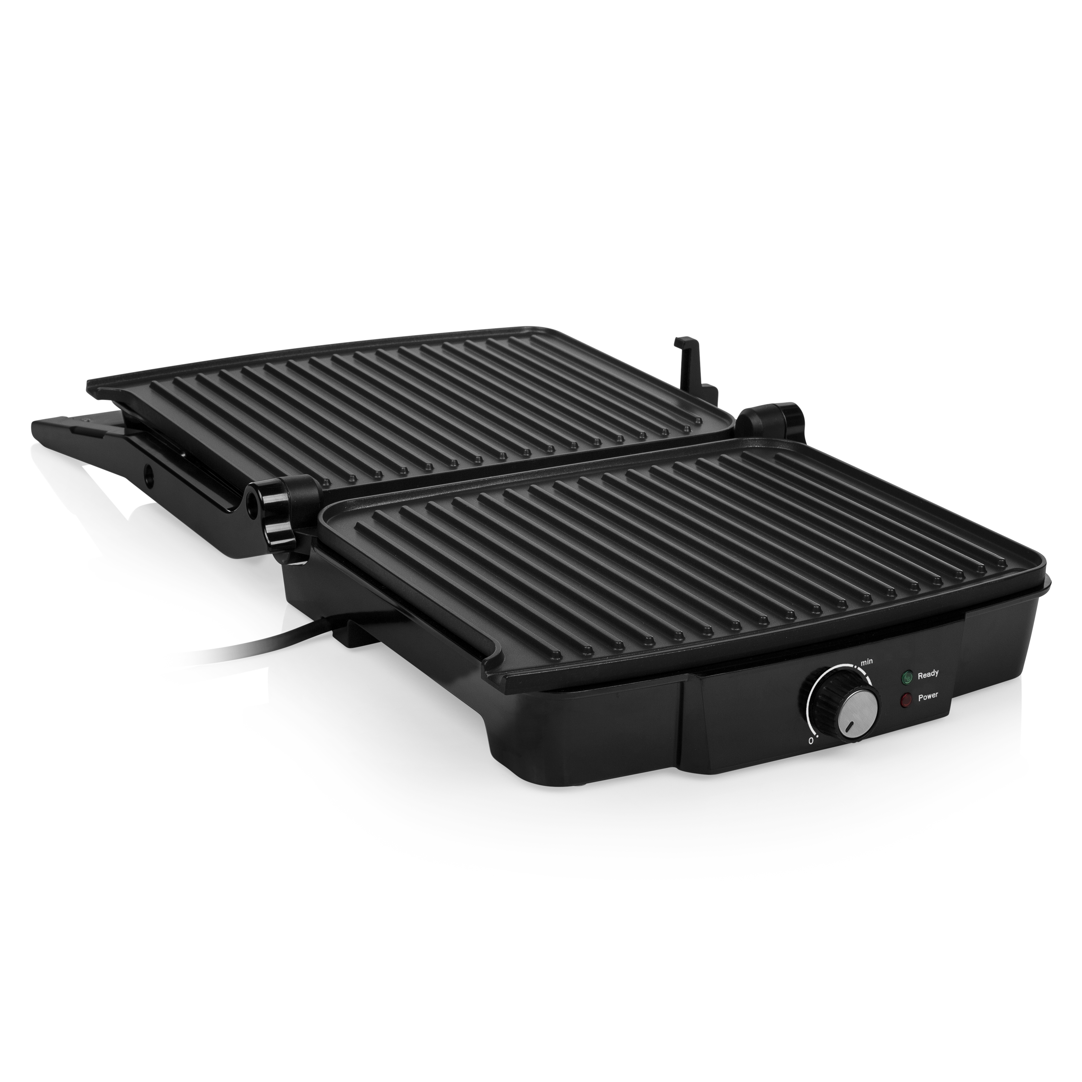 Grill électrique noir ouvert avec un bouton de contrôle de température.