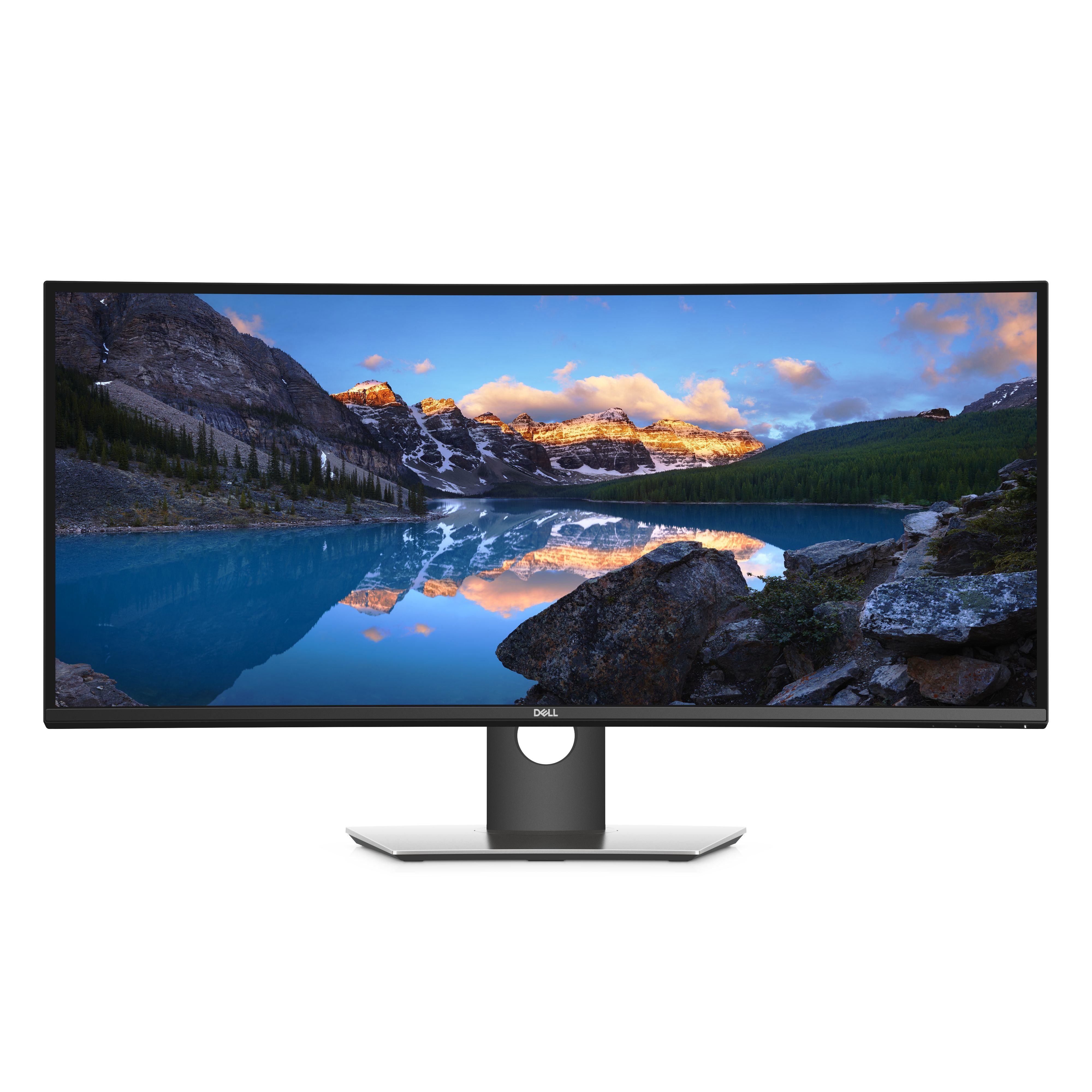 Kavisli ekranlı Dell monitör. Dağlar ve mavi su manzarası. Siyah stand.