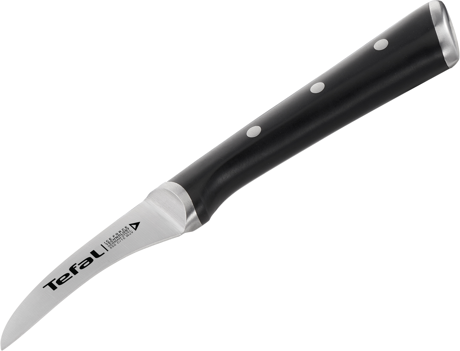 Tefal hámozó kés, fekete nyél szegecsekkel, ezüst penge ívelt heggyel, fekete háttér.