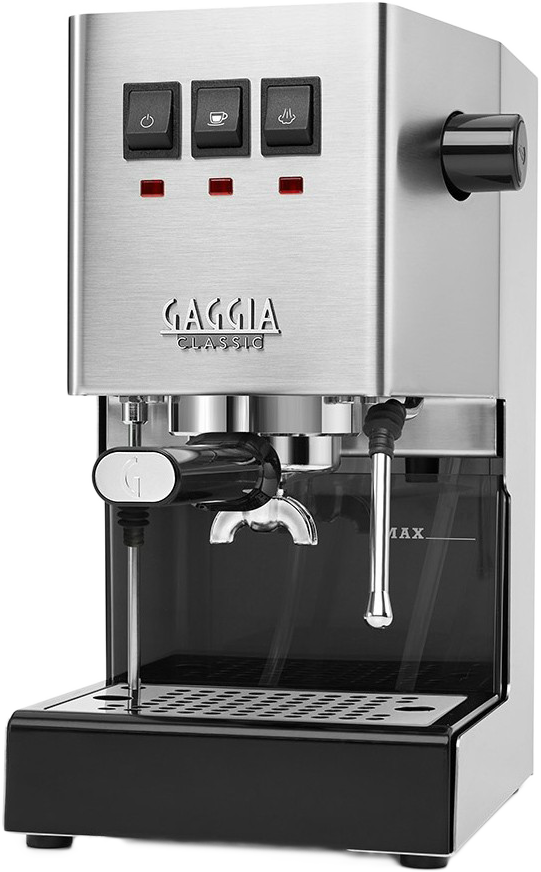 Ezüst-fekete eszpresszó gép három gombbal és víztartállyal, Gaggia Classic.