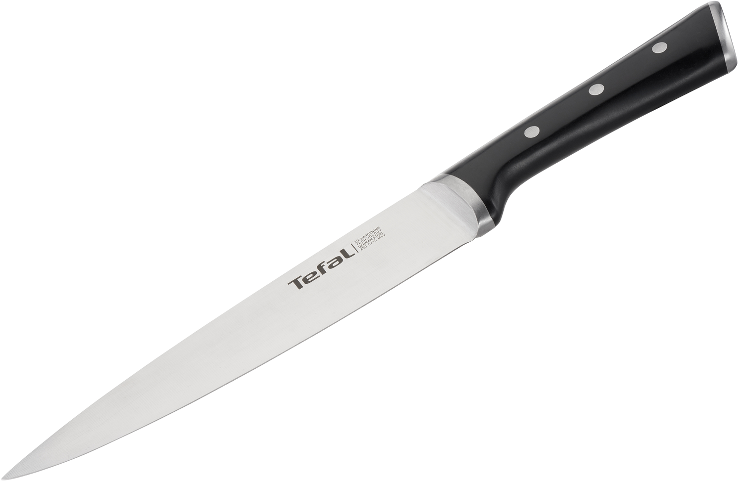 Egy Tefal kés fekete nyéllel fehér háttéren.