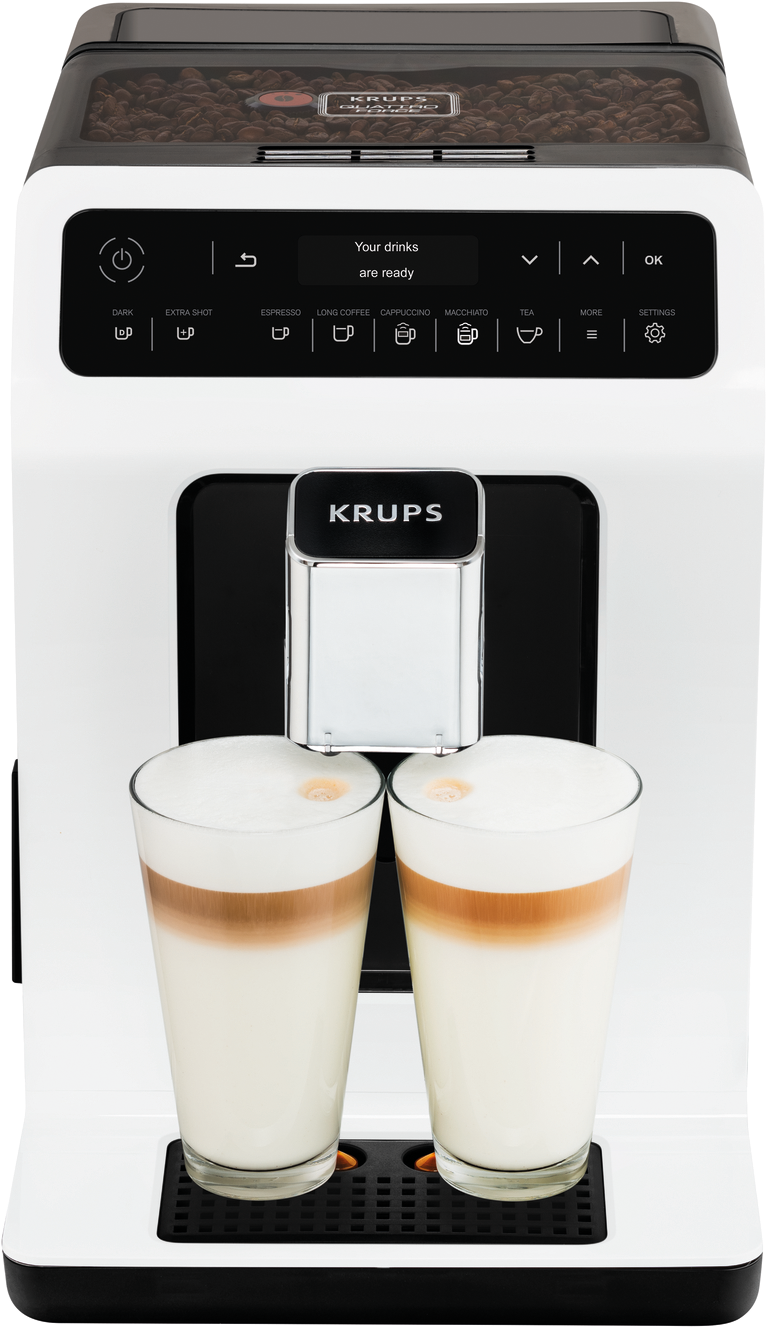 Fehér kávéfőző. Két pohár latte. A képernyő szerint az italok elkészültek.
