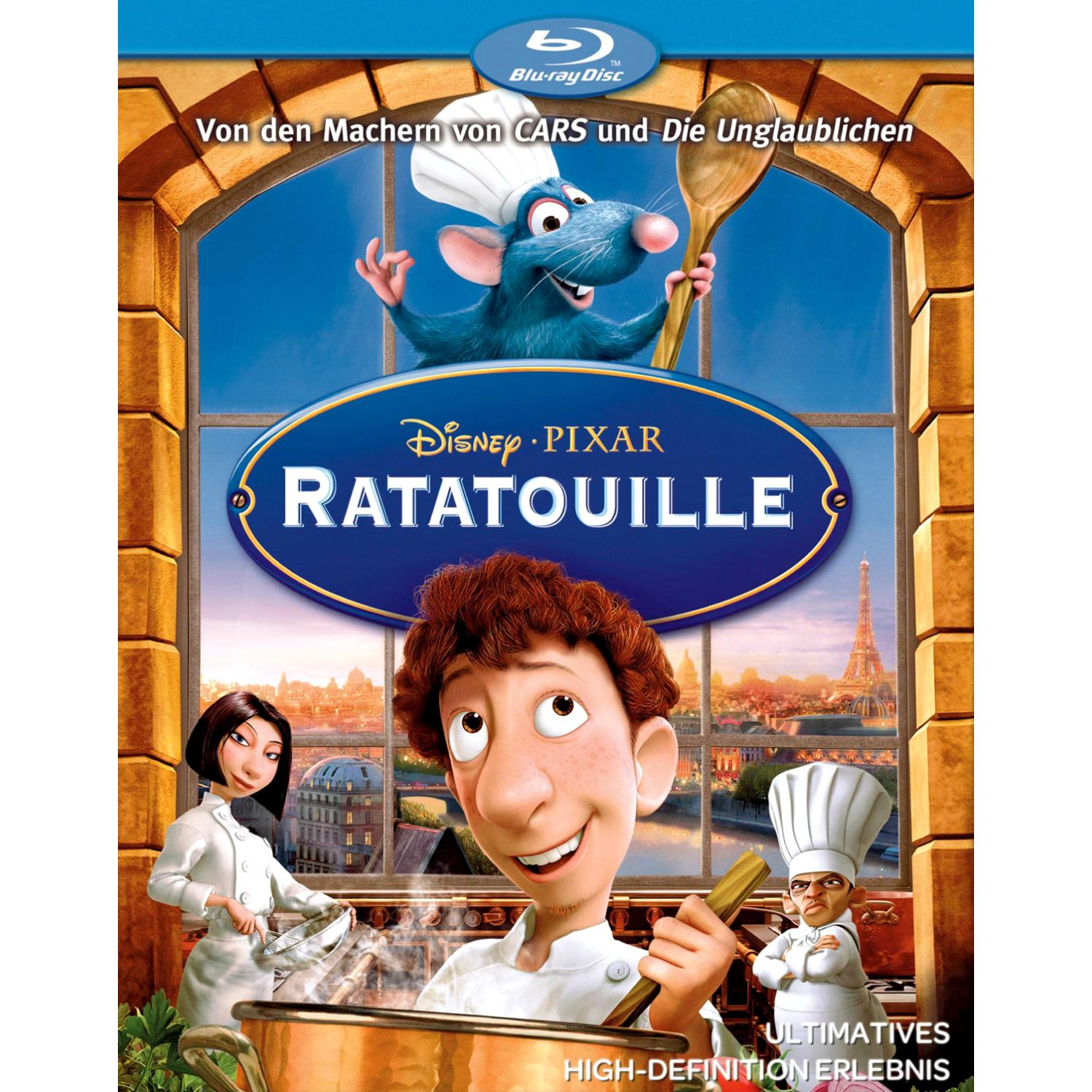 Filmposter für 'Ratatouille'. Eine Ratte und ein Koch kochen, mit dem Eiffelturm im Hintergrund.