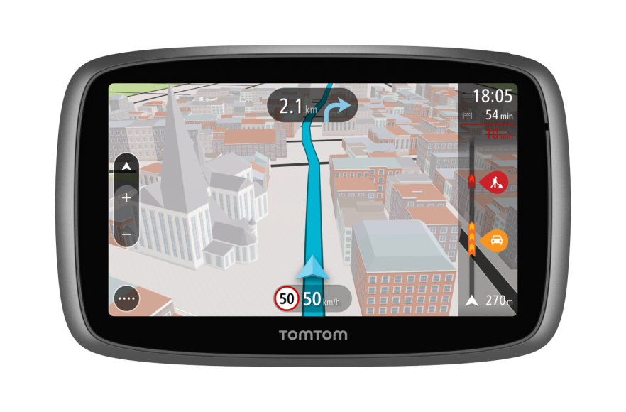 Un dispositivo GPS TomTom que muestra un mapa de la ciudad con indicaciones de navegación.
