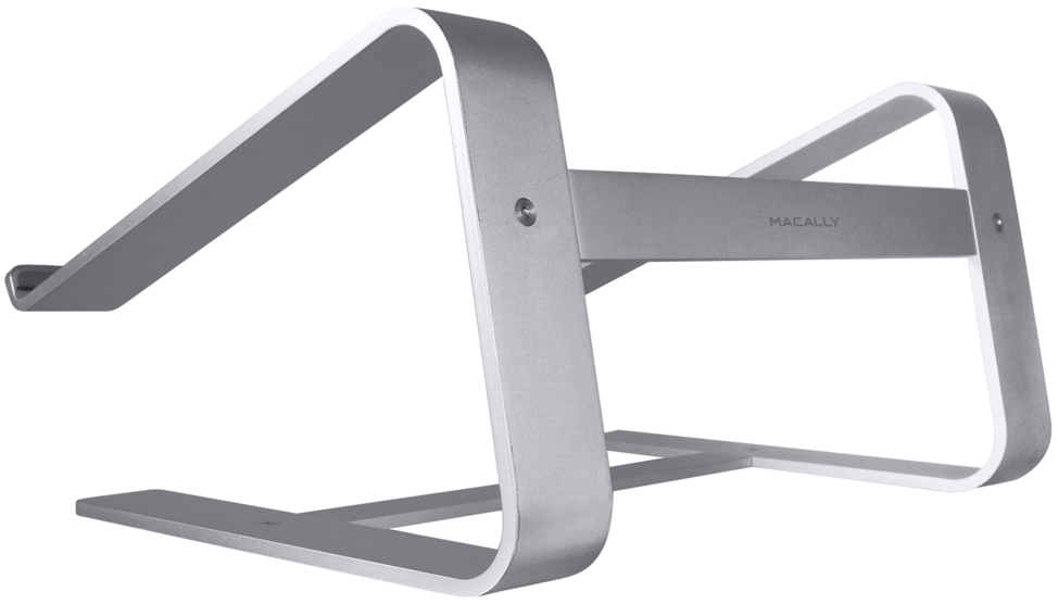 Support d'ordinateur portable argenté sur fond blanc.