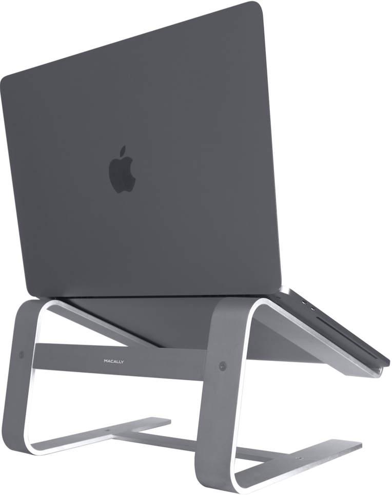 Ordinateur portable gris sur un support gris. L'ordinateur a un logo Apple.