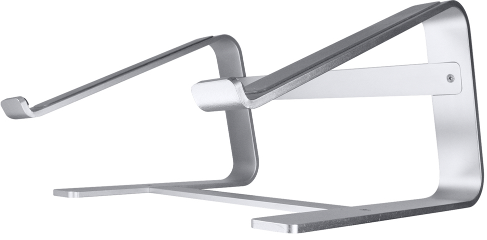 Support d'ordinateur portable argenté, incliné, conçu pour surélever un ordinateur portable pour l'ergonomie.