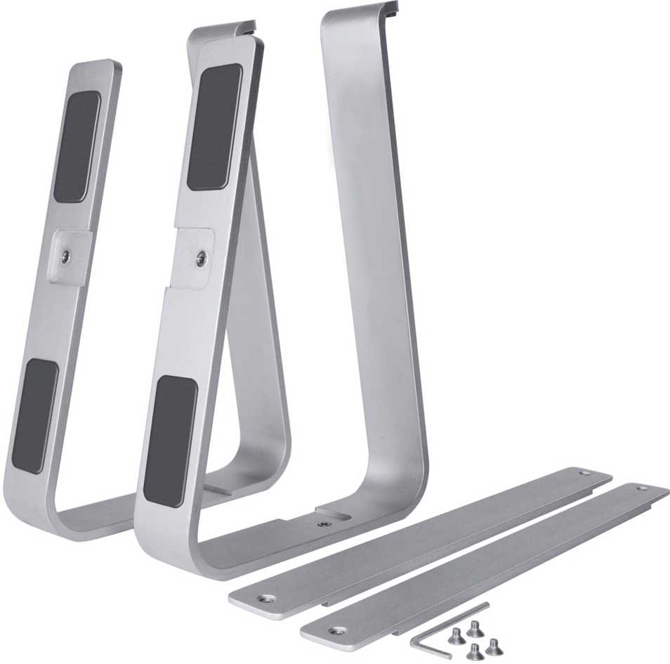 Support d'ordinateur portable argenté. Design incurvé avec coussinets en caoutchouc et vis.