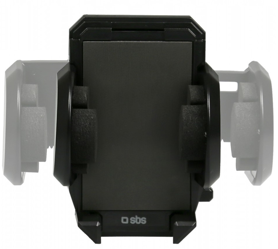 Support de téléphone noir. Tient le téléphone entre deux bras. Marque 'sbs' en bas.