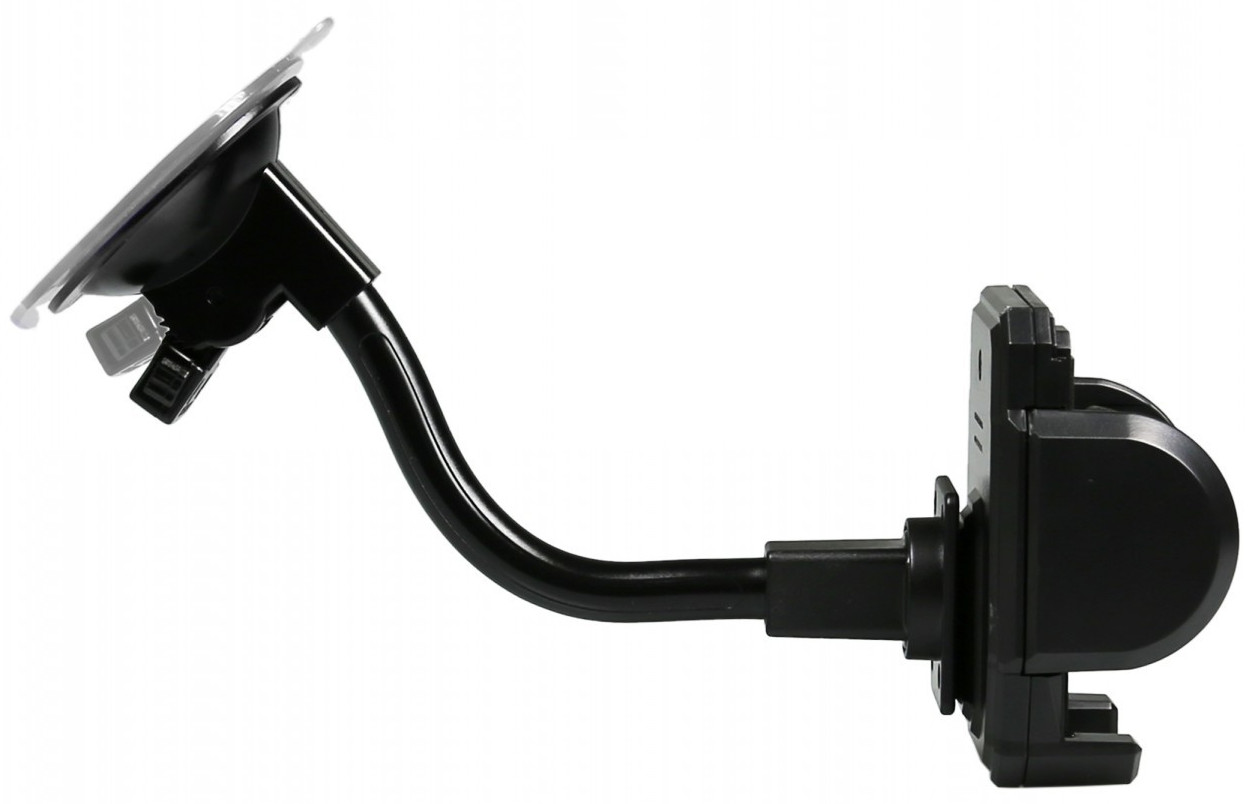 Un support GPS de voiture noir avec une ventouse.