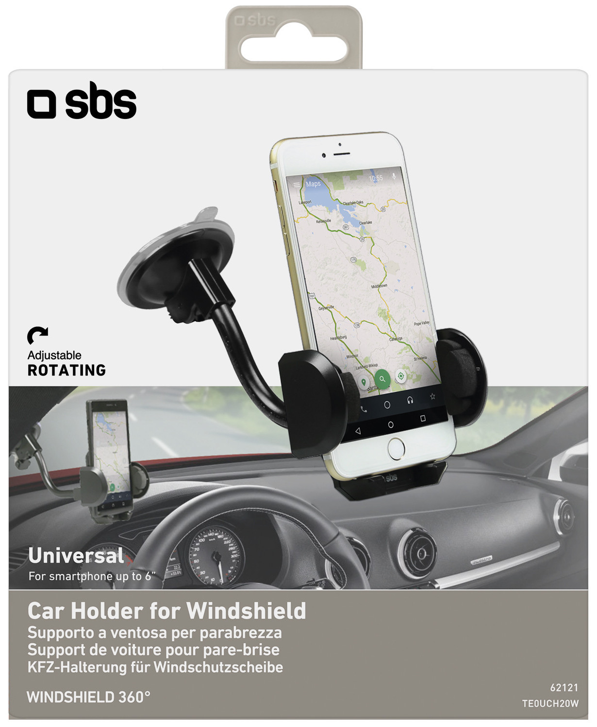 Support de téléphone de voiture avec un smartphone affichant une application de carte sur un pare-brise.