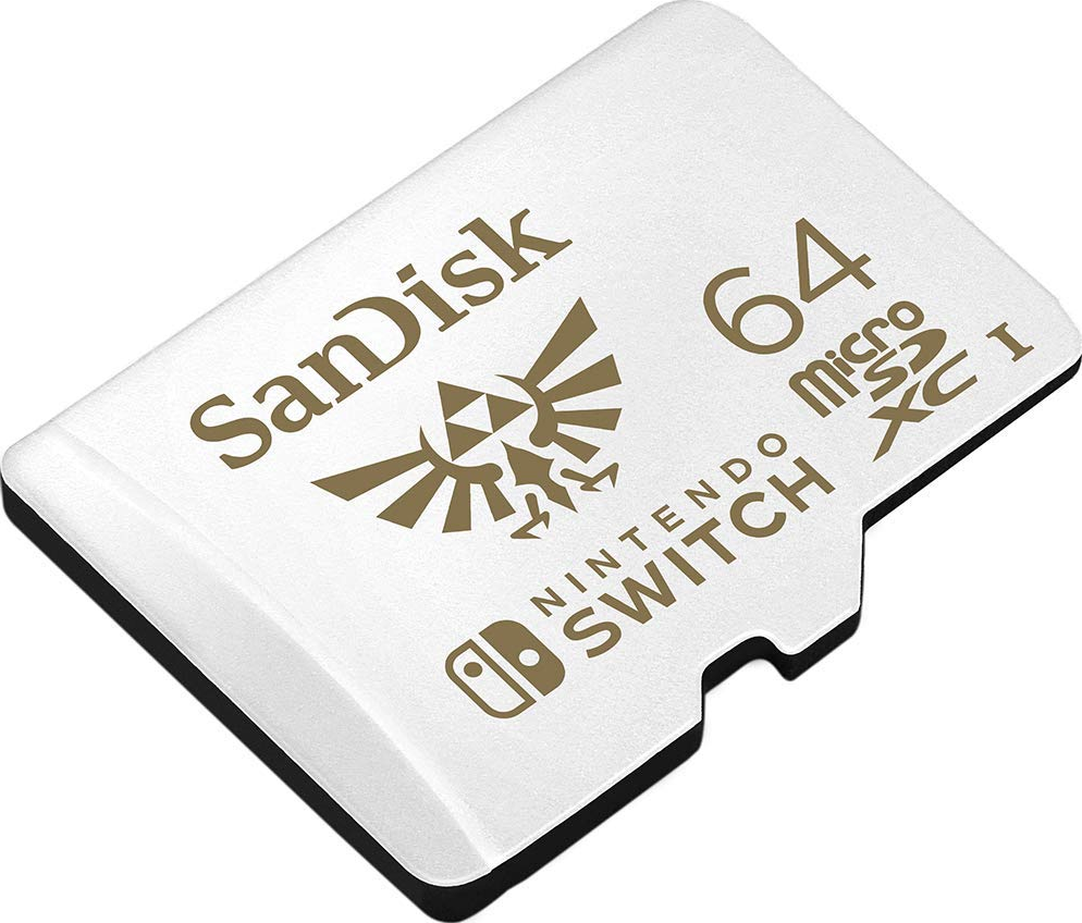 Weiße Nintendo Switch SD-Karte mit SanDisk-Logo, Zelda-Symbol und Nintendo Switch-Text.