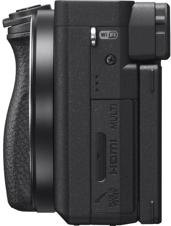Een zwarte camera, zijaanzicht, met de labels 'Wi-Fi', 'HDMI' en 'Plug in Power' zichtbaar.