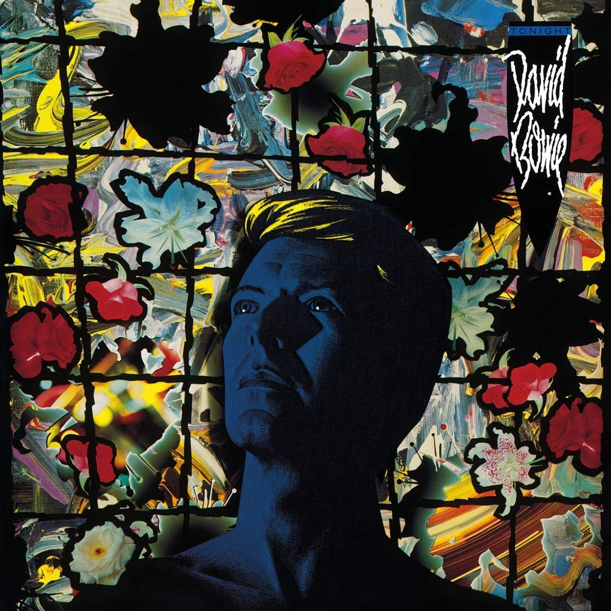 David Bowie album borítója. Kék arc, felfelé néz. Virágok és rács a háttérben. A "Tonight" cím és a művész neve látható.