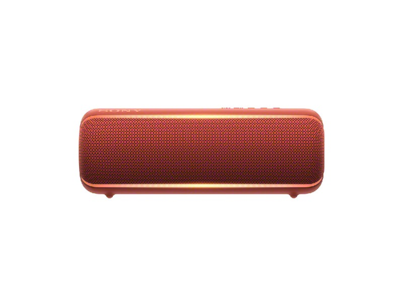 Ein roter Sony-Lautsprecher. Der Lautsprecher hat eine rechteckige Form mit abgerundeten Ecken. Er steht auf weißem Hintergrund.