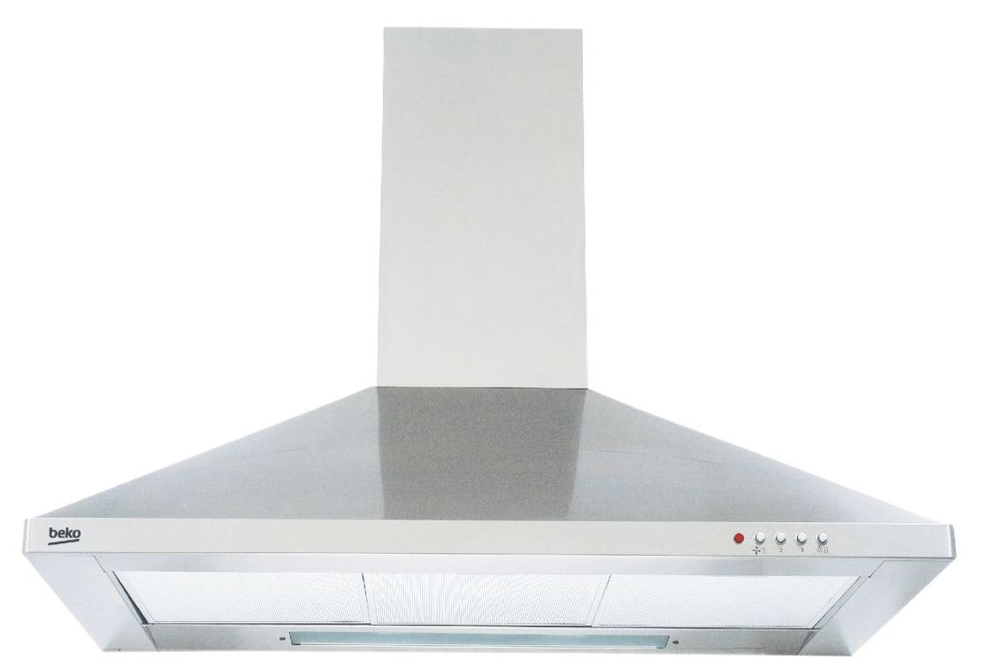 Una campana extractora de acero inoxidable con botones, una luz y un logo beko.