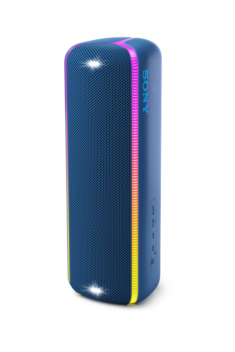Blauer Sony-Lautsprecher mit Mesh-Front, leuchtenden Lichtern und Sony-Logo. Er hat einen bunten Lichtstreifen am Rand.