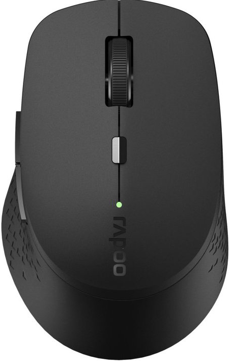Schwarze Computermaus mit Scrollrad und Logo, Draufsicht, auf weißem Hintergrund.