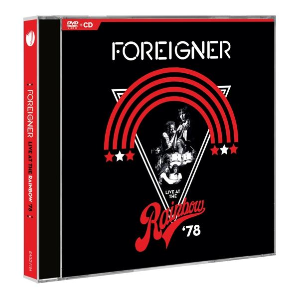 DVD/CD-hoes voor Foreigner's 'Live at the Rainbow '78'. Zwarte hoes met rode en witte graphics.