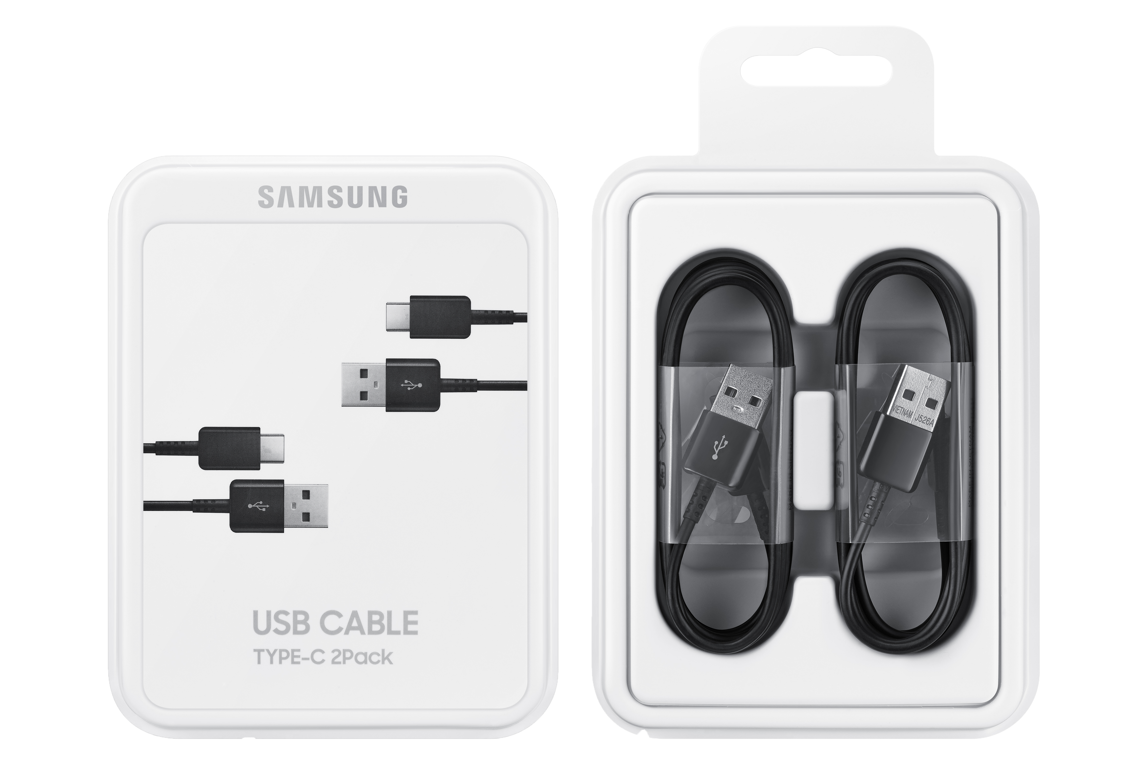 White box packaging with USB cables. One side shows the cables, the other packaging with USB cables.