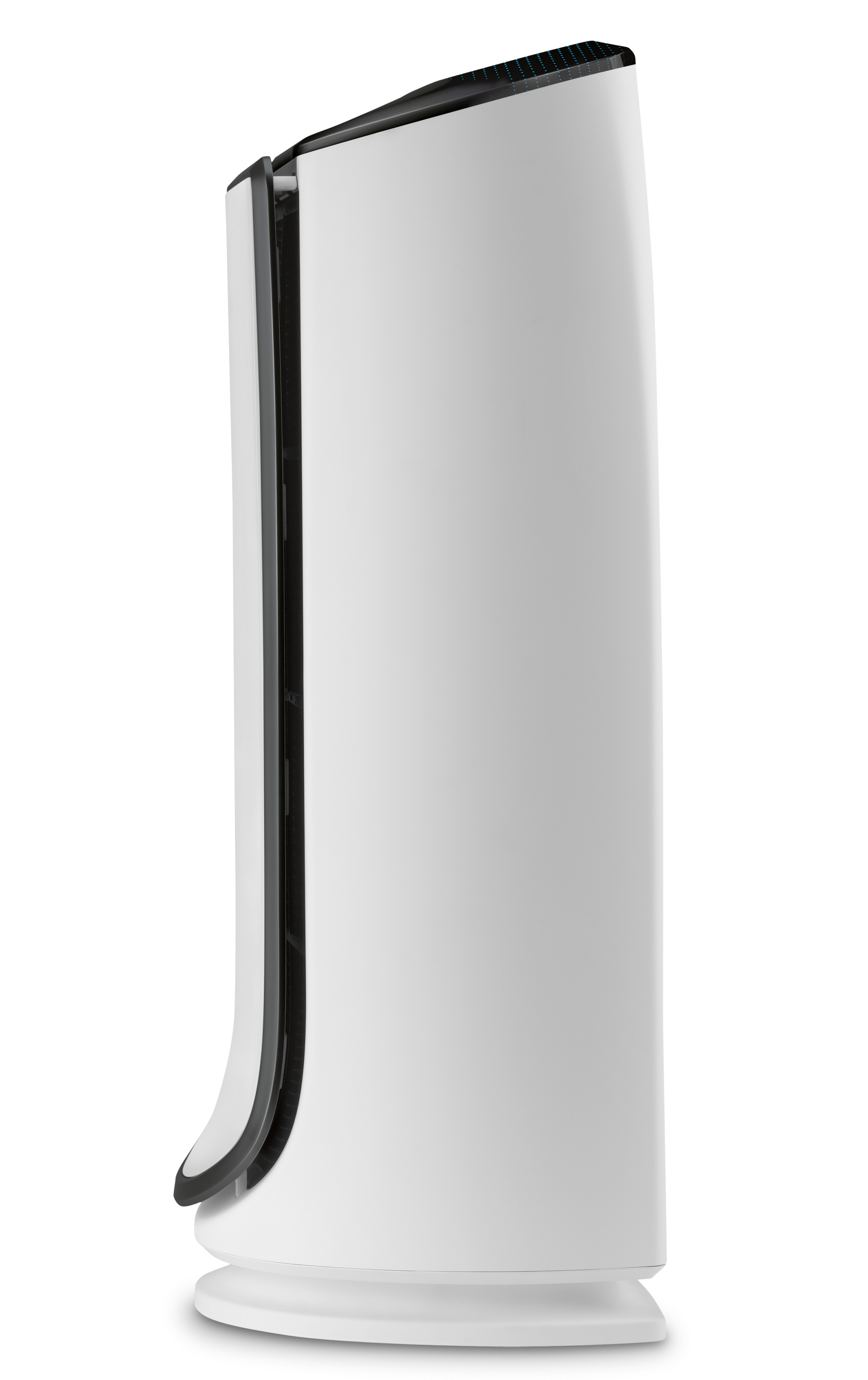 Weißer und schwarzer Luftreiniger. Gebogenes Design, mit schwarzer Oberseite.