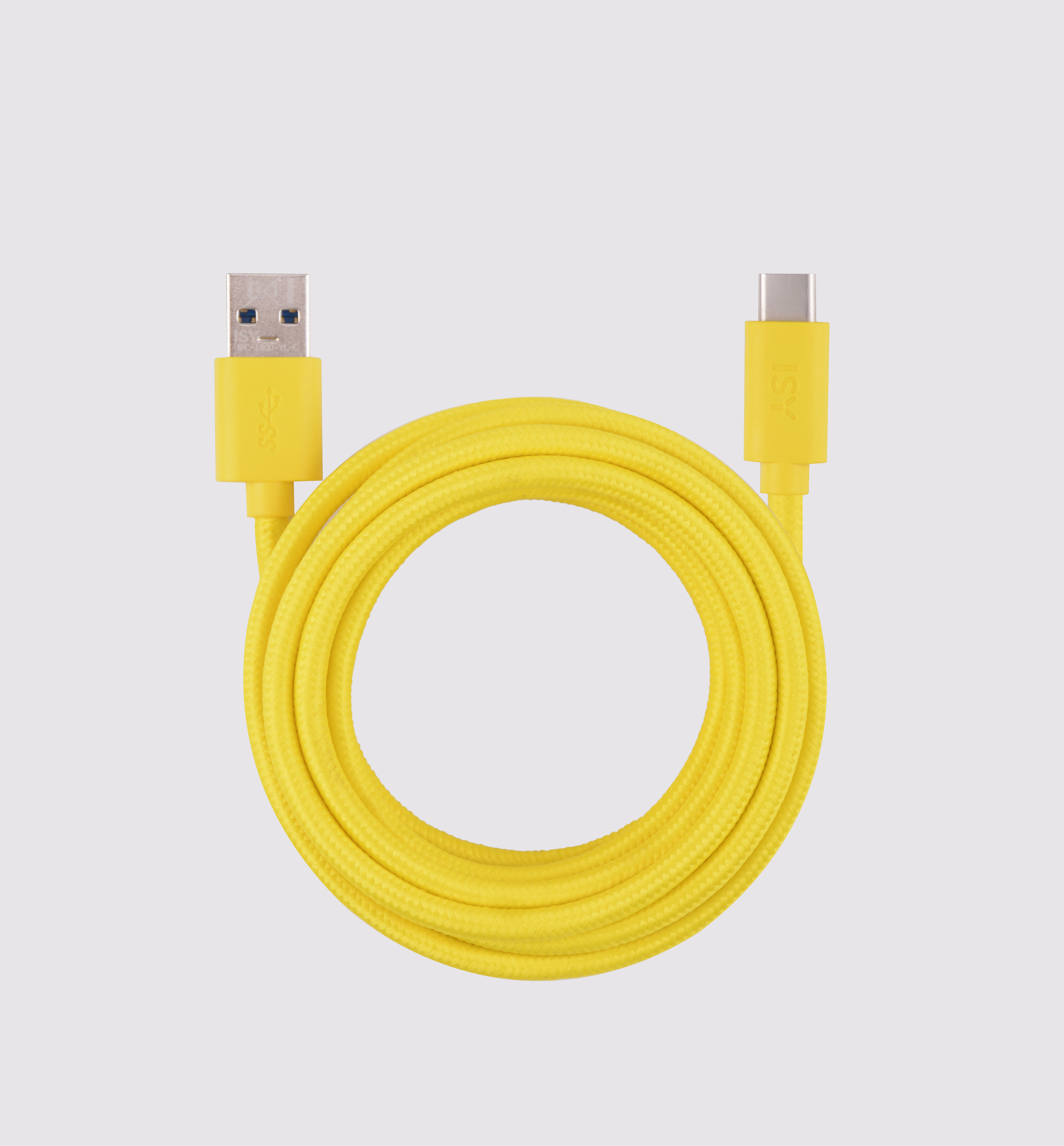 Ein gelbes USB-A-zu-USB-C-Kabel aufgerollt.