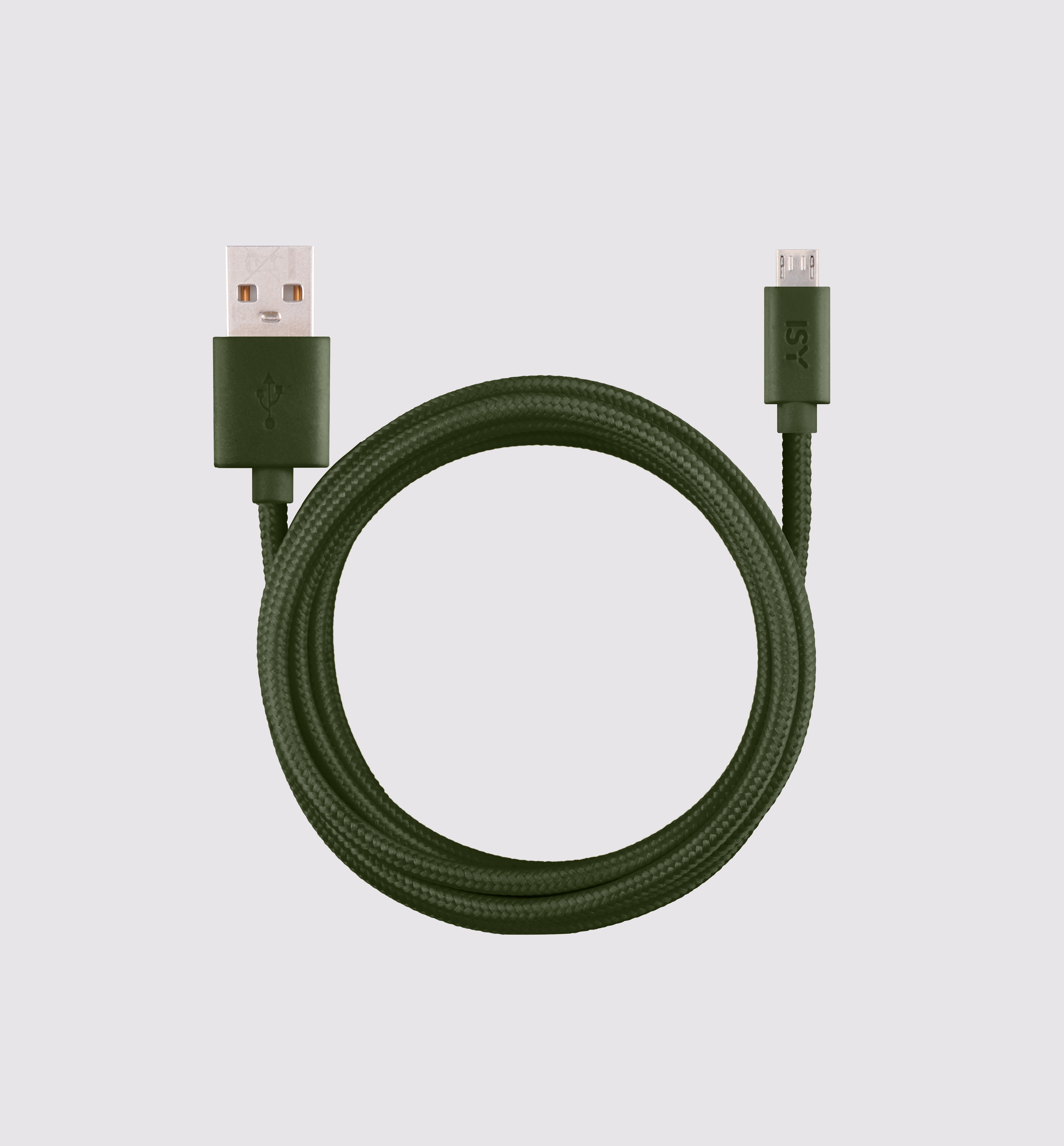 Grünes USB-Kabel mit USB- und Micro-USB-Anschlüssen, zentriert auf hellem Hintergrund.