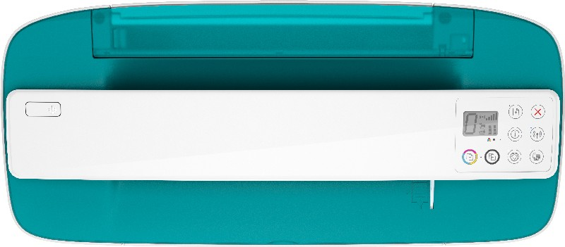 Türkis-weißer Drucker mit Display. Der Drucker hat Tasten und das HP-Logo.