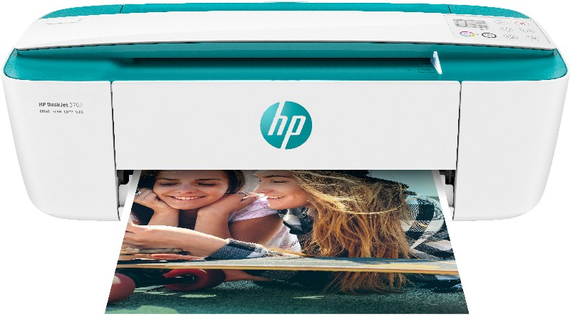 Weißer und tealfarbener HP Deskjet Drucker, der ein Foto von zwei Frauen druckt.