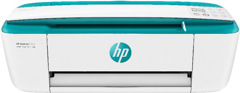 Weißer und türkisfarbener HP DeskJet 2752 Drucker. Merkmale: HP-Logo und Bedienfeld oben.