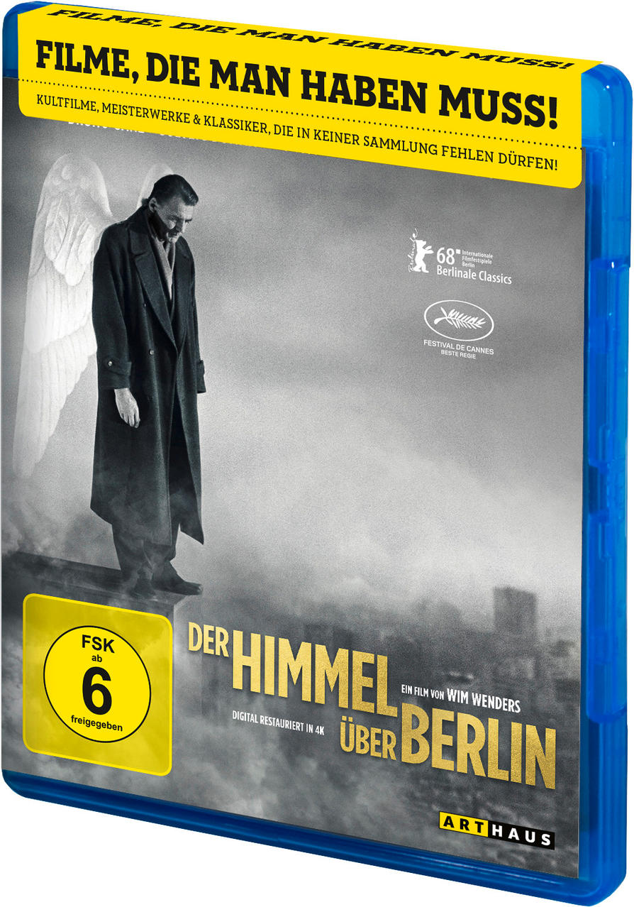 Blu-ray-Filmcover mit Schwarz-Weiß-Bild eines Mannes. Der Titel lautet 'Der Himmel über Berlin'.