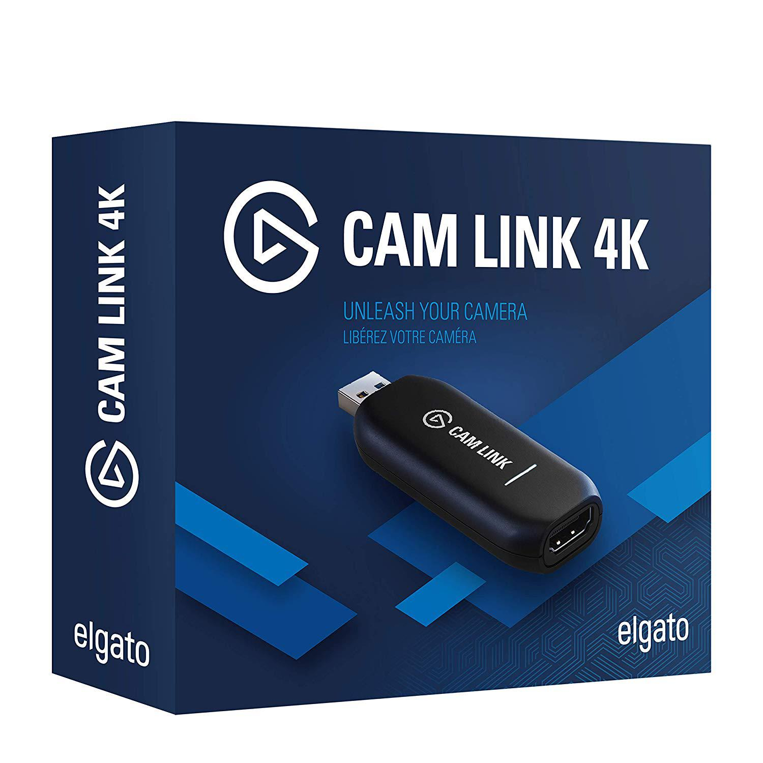 Schwarze Cam Link 4K Box mit USB-Gerät und Markenname. Auf weißem Hintergrund.