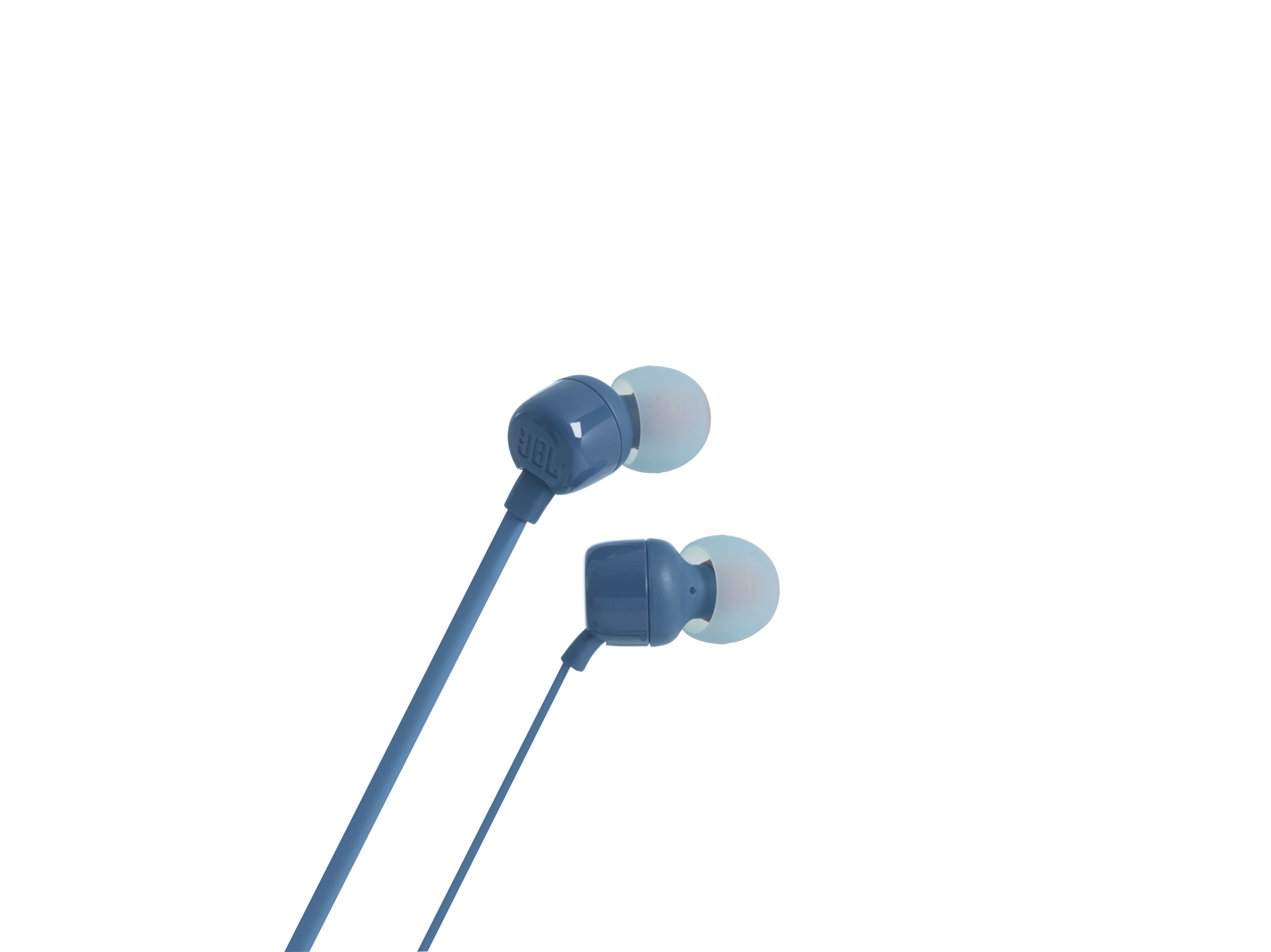 Blaue JBL-Kopfhörer mit weißem Hintergrund. Die Ohrhörer sind sichtbar.
