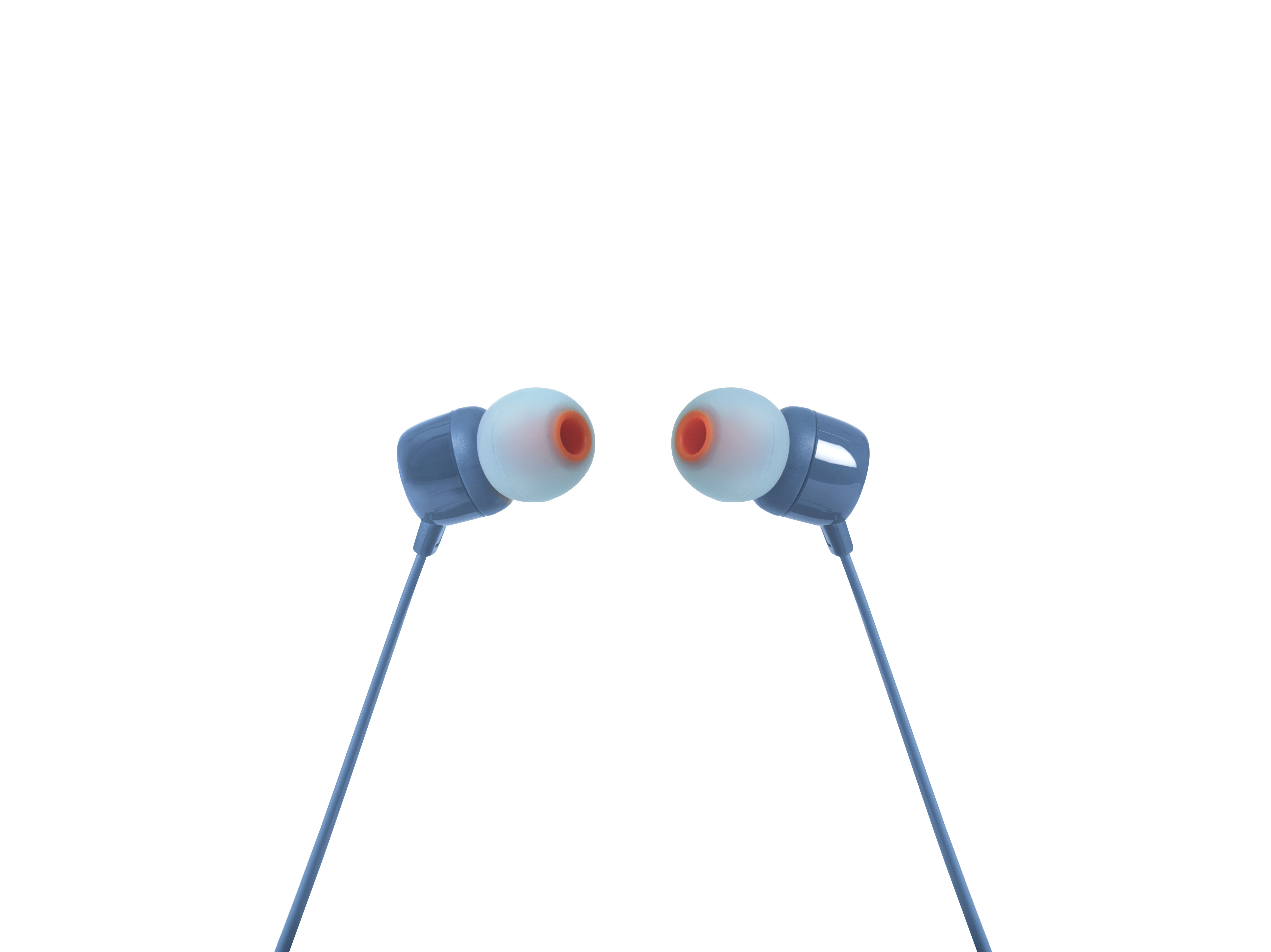 Blaue und orangefarbene Ohrhörer. Die Ohrhörer haben blaue Stiele und orangefarbene Spitzen.