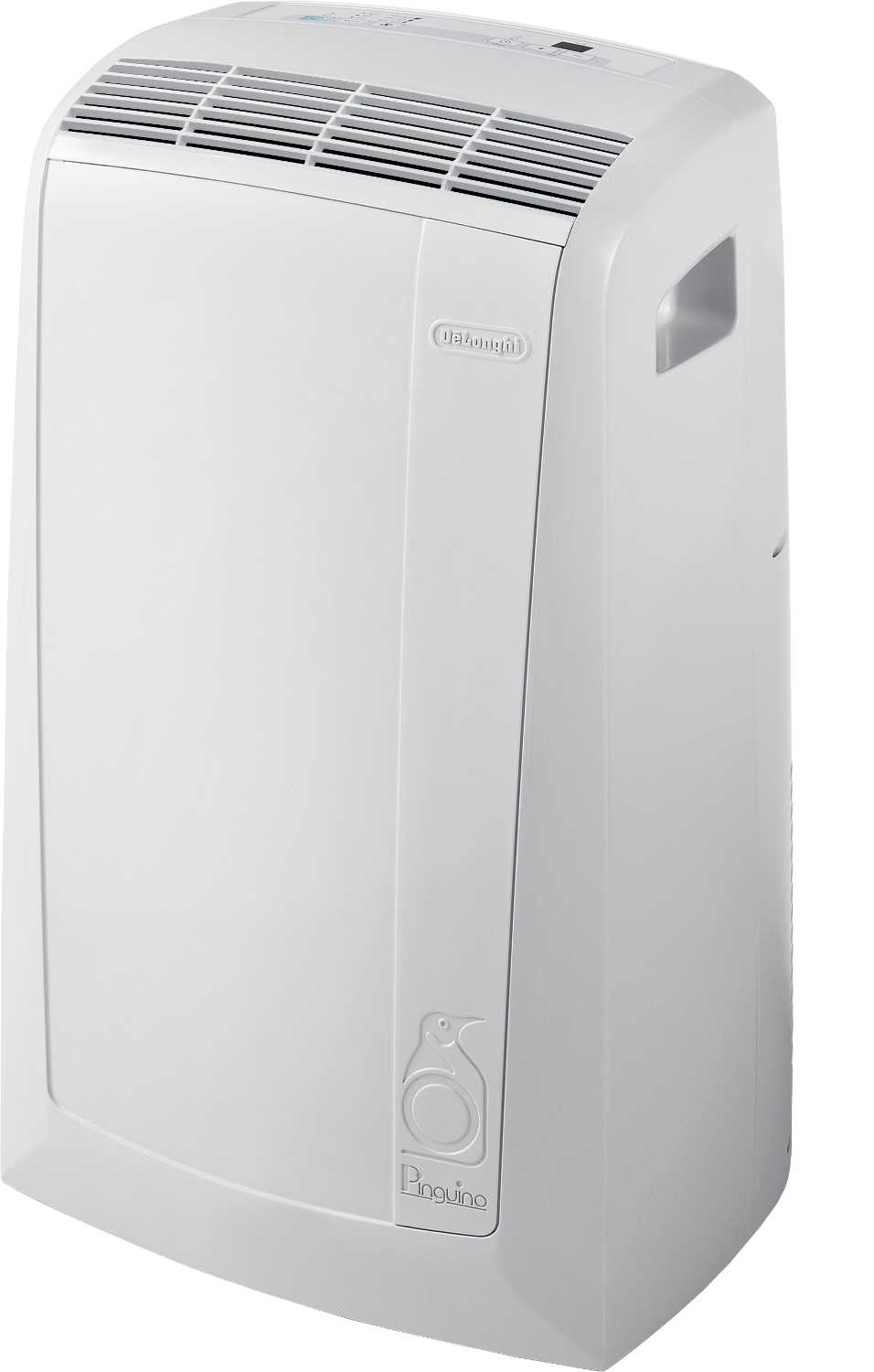 Een witte DeLonghi Pinguino airconditioner. De voorkant heeft een pinguïnlogo en ventilatie.