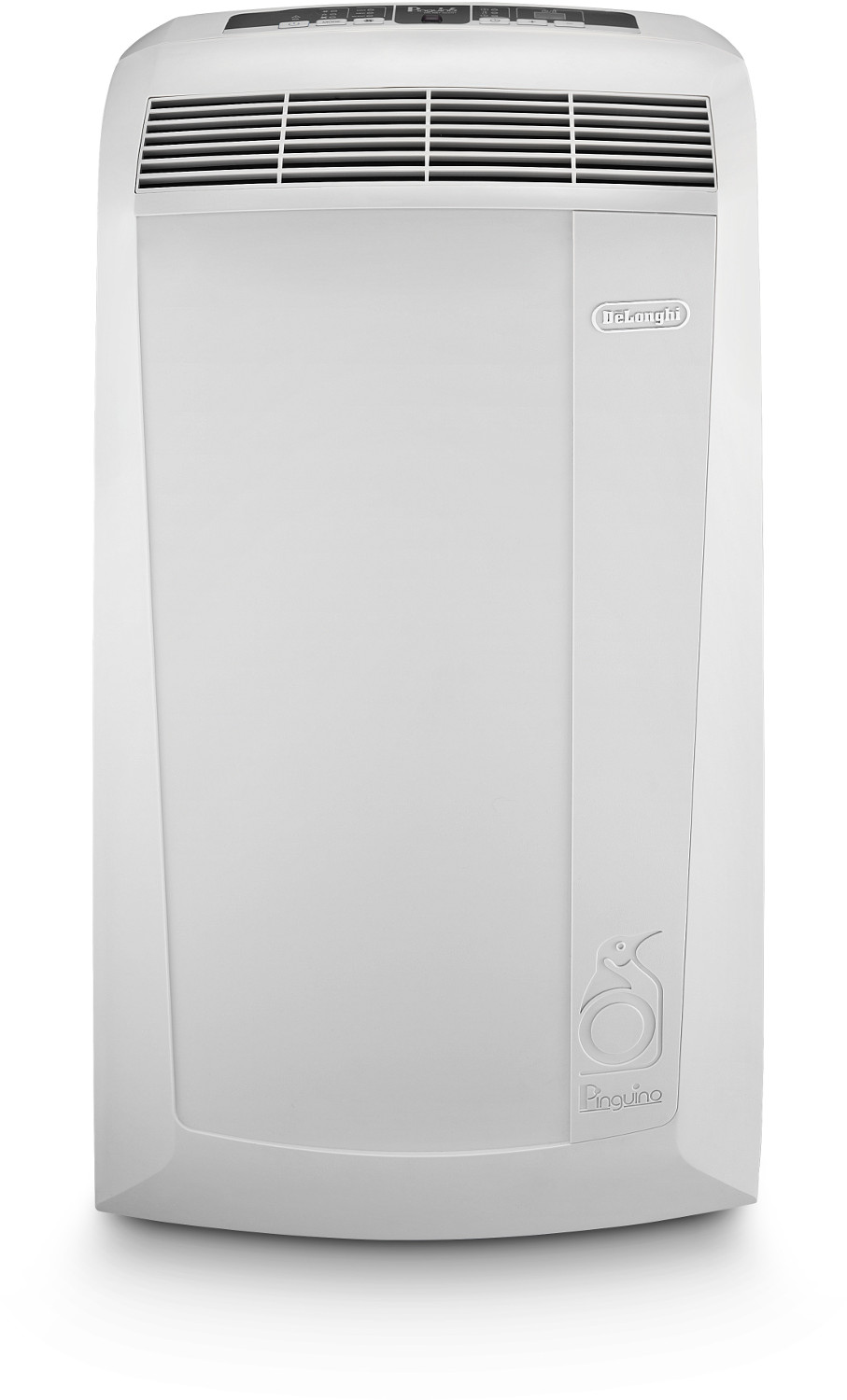Witte De'Longhi Pinguino airconditioner. Hoog, rechthoekig met logo.
