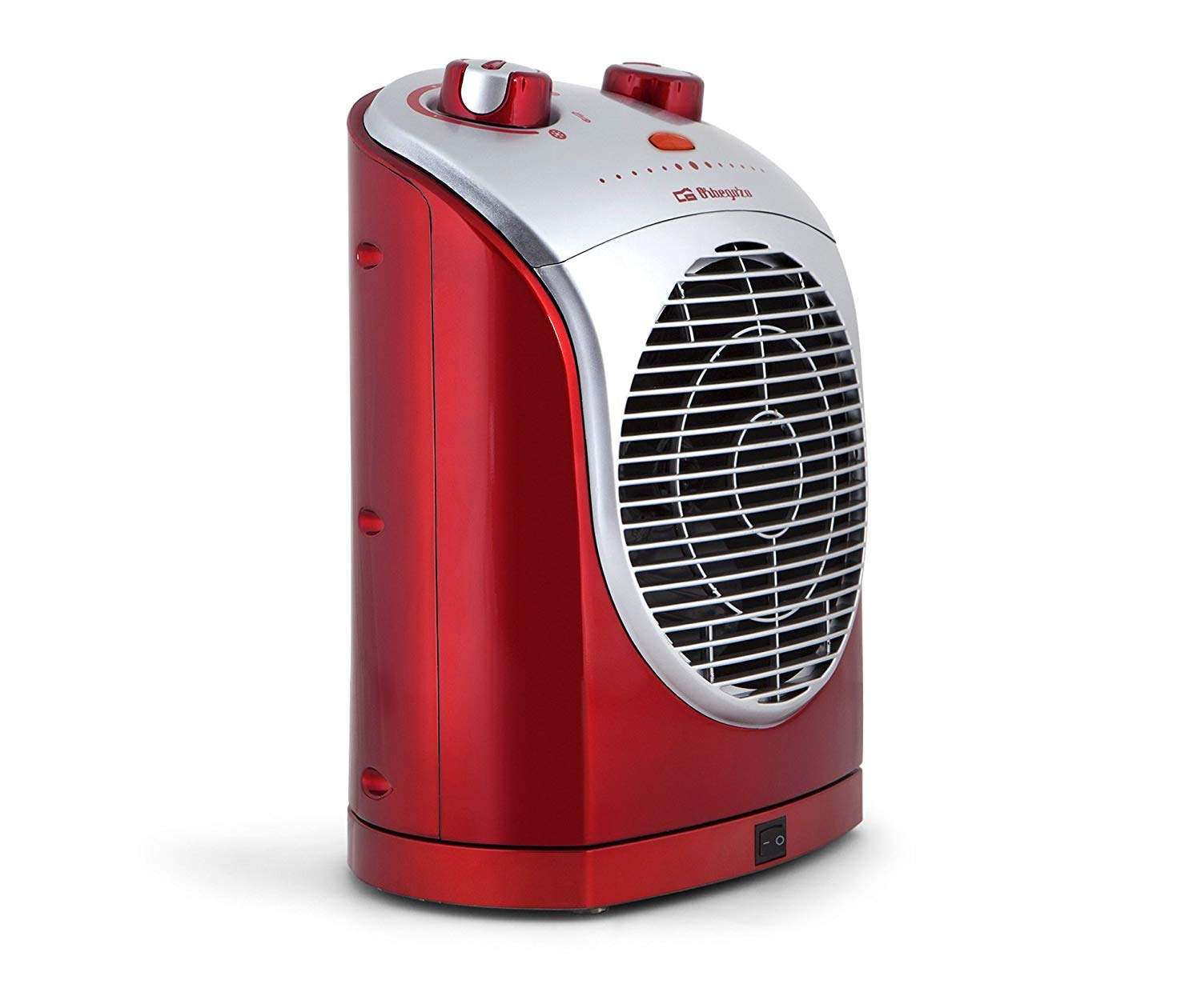Calentador eléctrico rojo y plateado. El ventilador es visible. Fondo blanco.