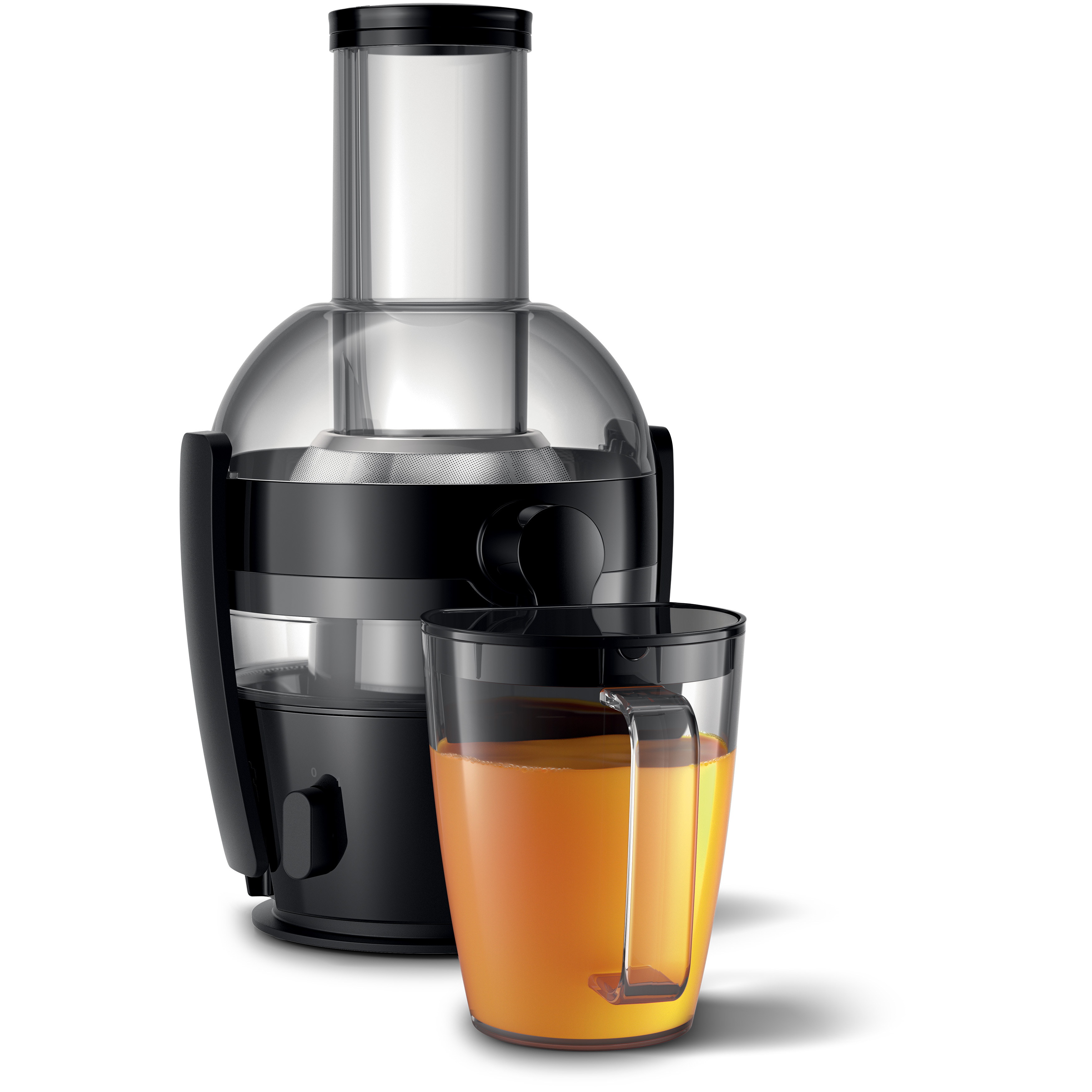 Schwarzer Entsafter mit transparentem Behälter und einem Glas Orangensaft.