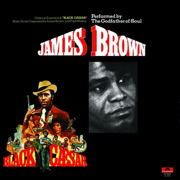 Albumhoes: James Brown in pak en fedora, met een portret. Titel: Black Caesar.