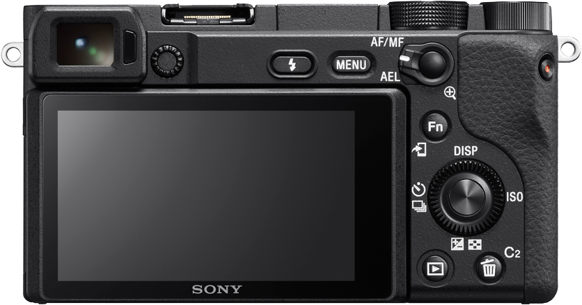 Zwarte camera met knoppen, draaiknoppen en een scherm met de weergave. Het woord Sony is zichtbaar.