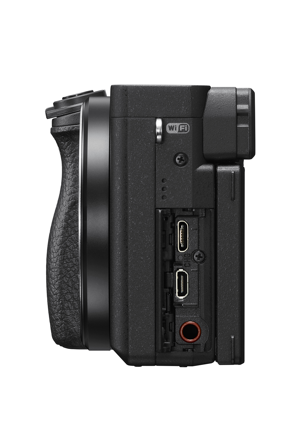 Een zwarte camera, zijaanzicht. Het heeft een grip, poorten en knoppen. Een wifi-symbool is zichtbaar.