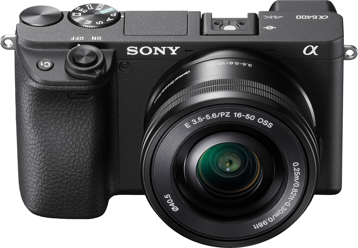 Zwarte Sony camera met een lens, met een vooraanzicht met knoppen en draaiknop.