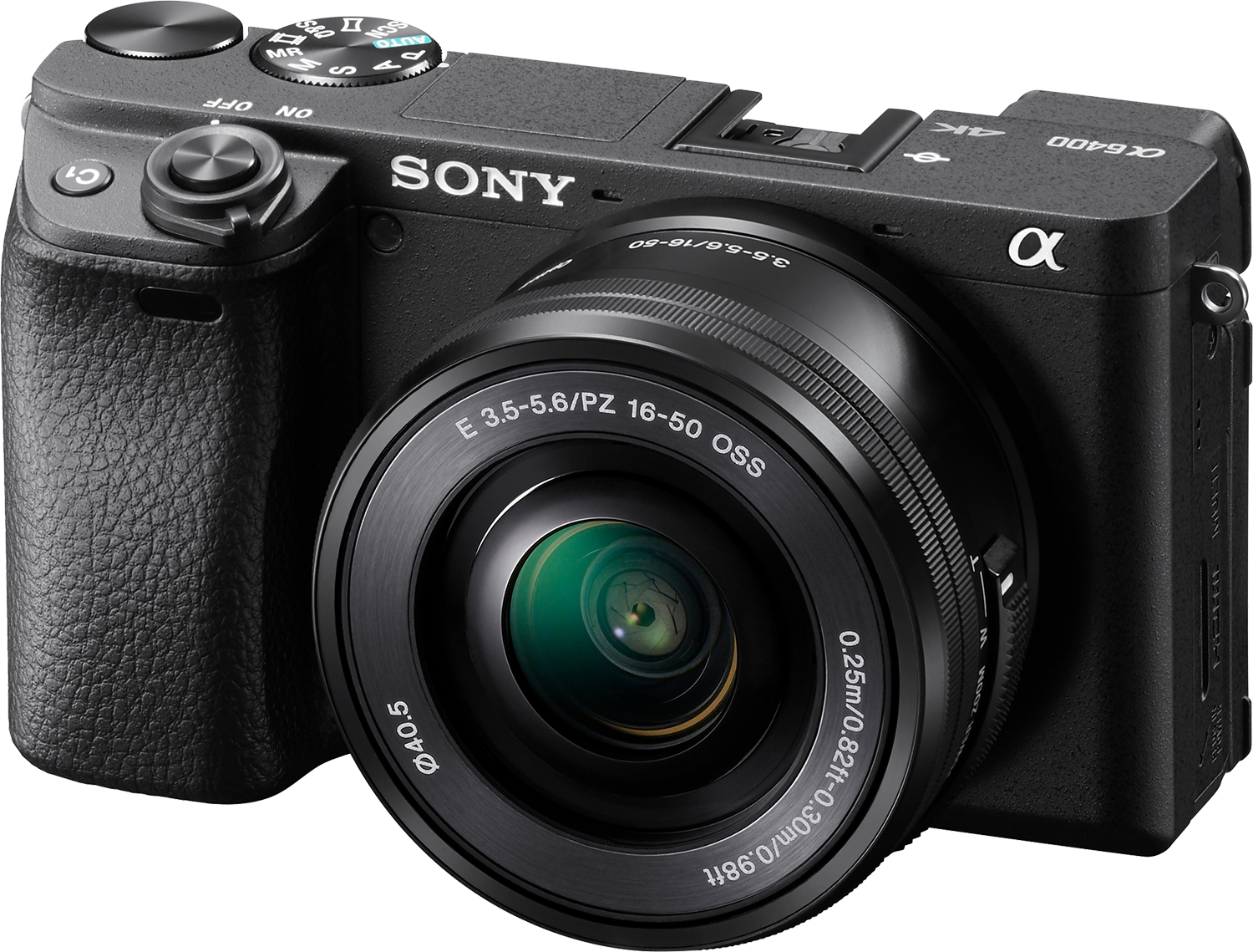 Zwarte Sony camera met lens, bedieningselementen en de Sony en Alpha logo's.