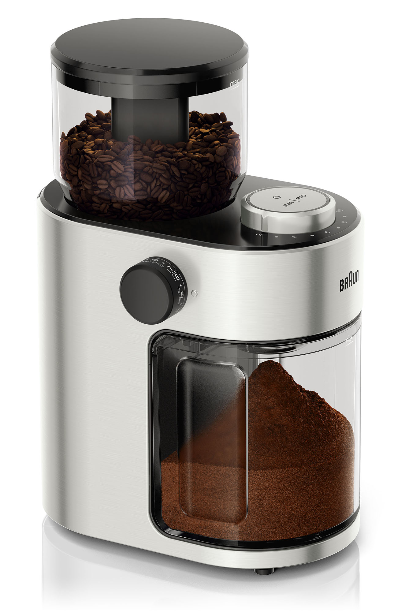 A silver and black Braun coffee grinder with coffee beans in the top container.